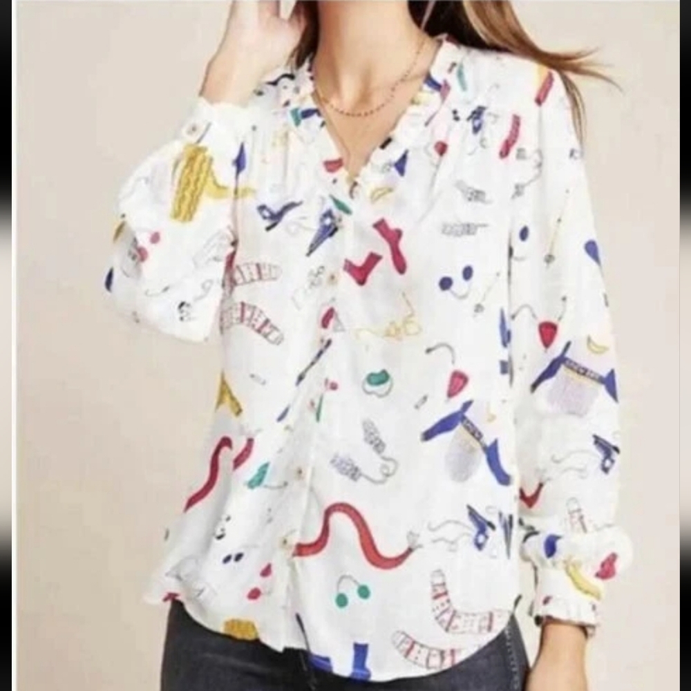 Maeve Anthropologie Marisol Ruffled Blouse Women Size 12 Multicolor Winter Print - Picture 2 of 9